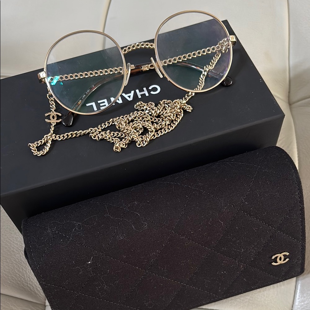 CHANEL Gold and Black Glasses with Elegant Chain